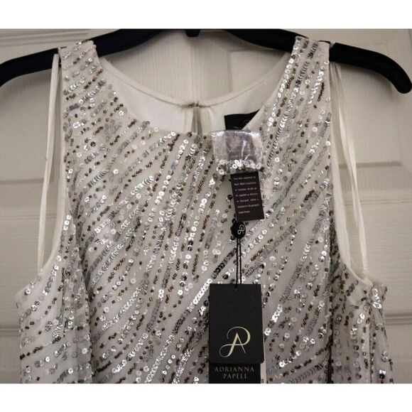 Adrianna Papell Women's Sz 14 Ivory Beaded Sequin Trapeze Lined Shift Dress - Picture 3 of 13
